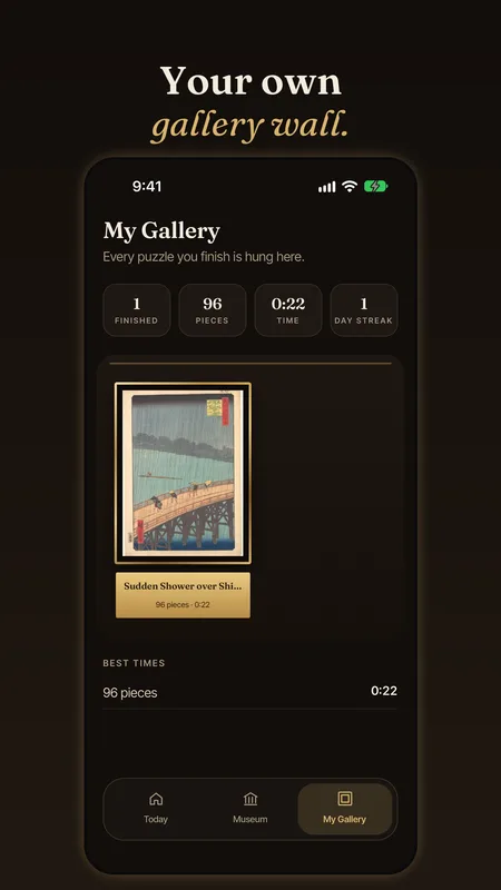 My Gallery screen with a finished puzzle framed