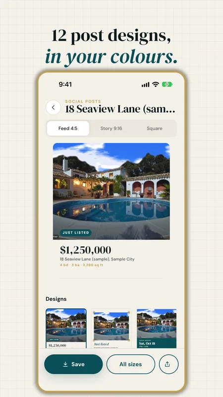 Social post designs in feed, story and square sizes