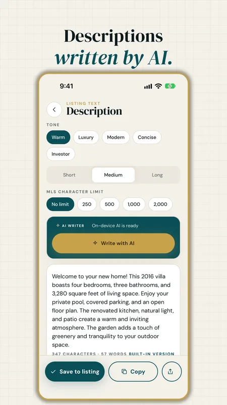 Description writer with tone and MLS character limits