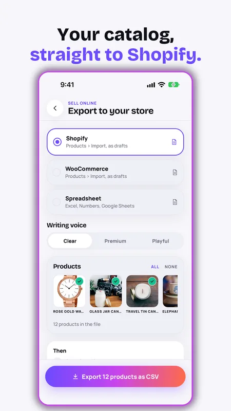 Export screen for Shopify, WooCommerce or a spreadsheet