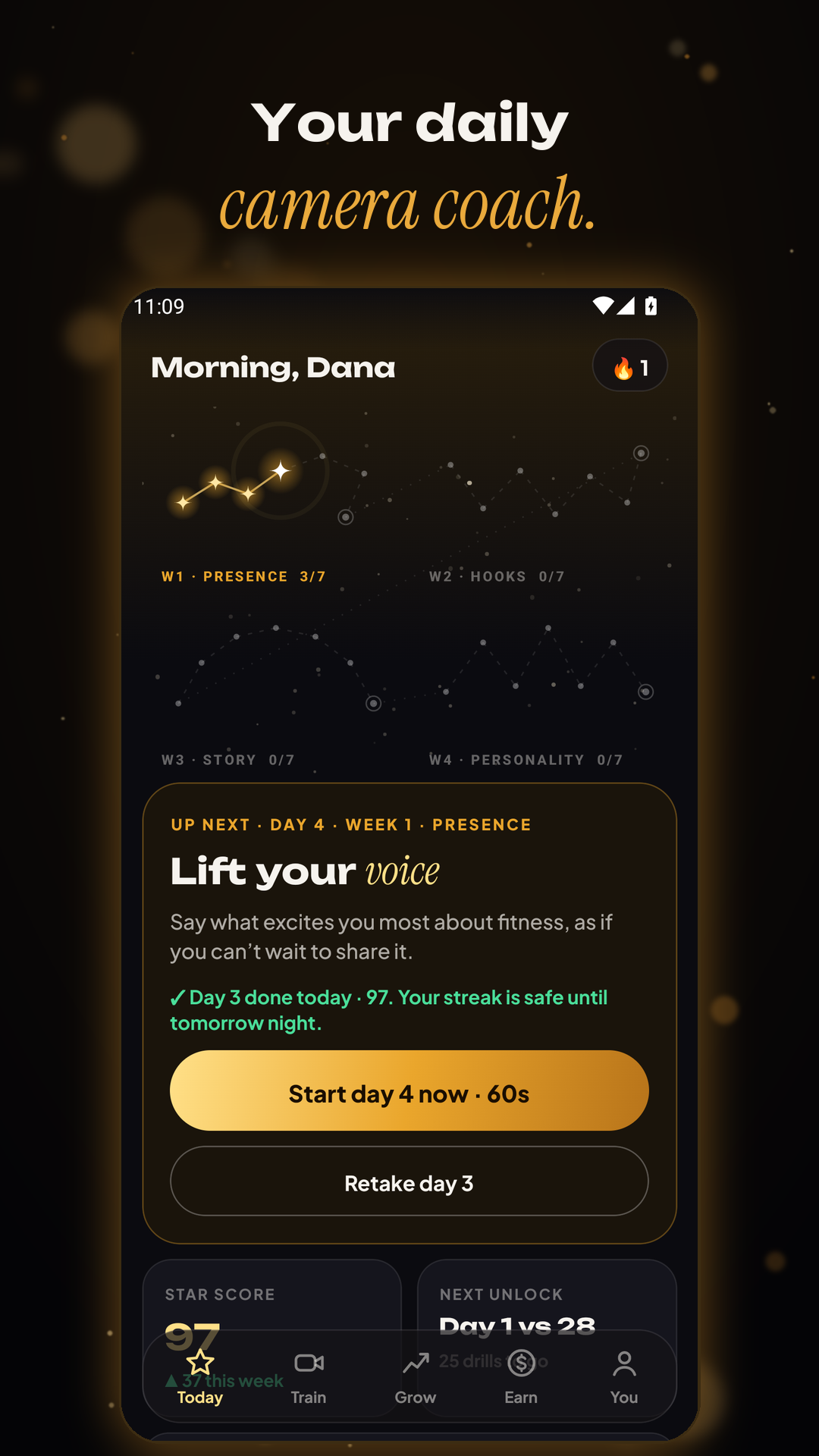 Today screen with the 30-day constellation